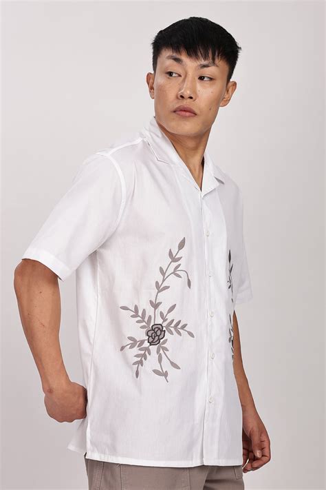 Grey Floral Embroidery White Cuban Shirt – Eszett