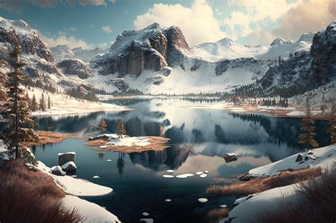 Montanhas nevadas e um lago sereno em primeiro plano Design majestoso e ...