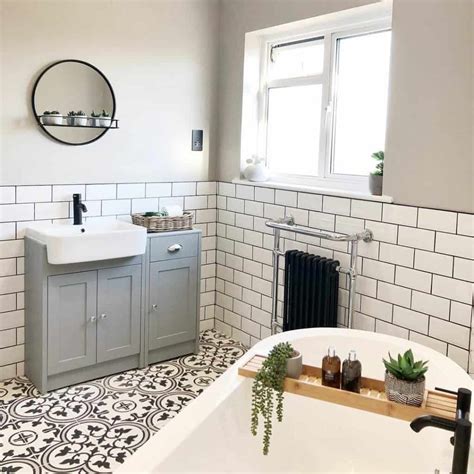 Monochrome Bathroom With Patterned Floor Tiles - Soul & Lane