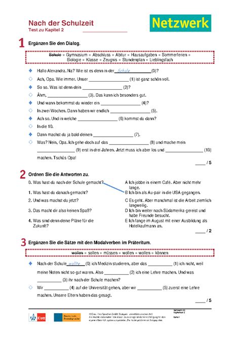 Netzwerk a2 kapiteltest 2 - Nach der Schulzeit Test zu Kapitel 2 ...