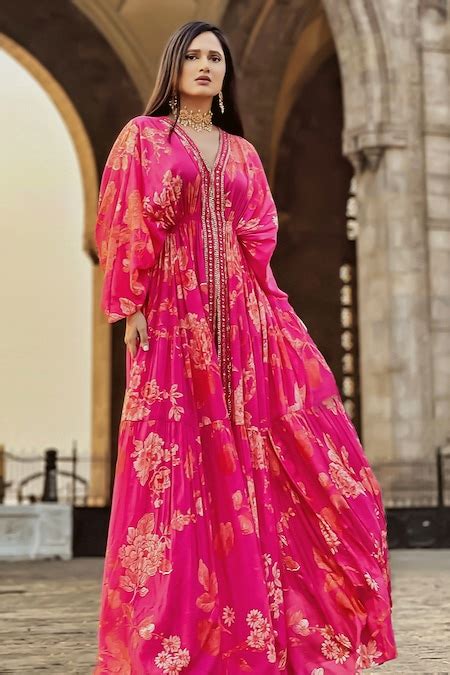 Buy Pink Cotton, Silk Sequins, Flourishing Floral Jaal Print Kaftan And ...