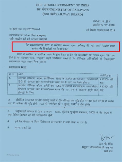 Implementation of 7th CPC Post Graduate Allowance - Railway Board Order