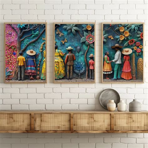 Mexican 3D Artwork Split Canvas Set of Three - Vibrant Colorful Wall ...