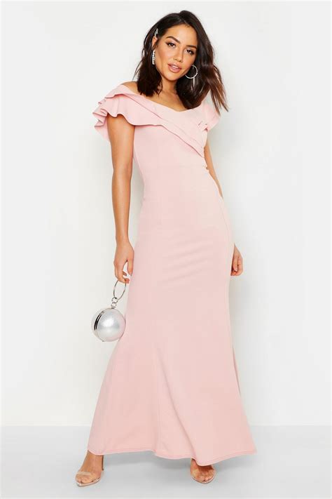 Bardot Double Ruffle Sweetheart Maxi Dress | Boohoo | Stunning wedding guest dresses, Maxi dress ...