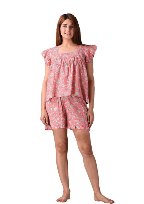 Peach Floral Printed Pure Cotton Nightsuit and Loungewear (Top & Short ...