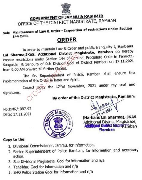 DC imposes restrictions under Section 144 CrPc for maintenance of Law ...