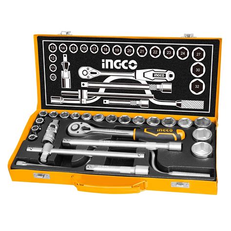 Ingco 24Pcs 1/2" Socket Set, 18pcs 1/2" CRV DR. Sockets, Extension Bar ...