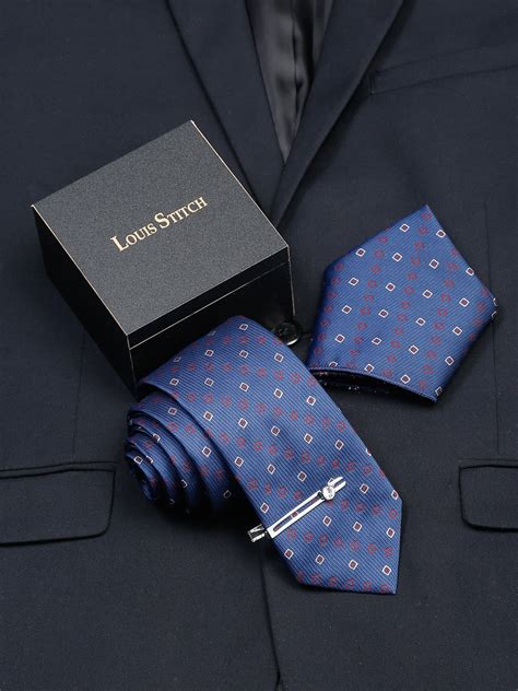 Buy Navy Blue Luxury Italian Silk Necktie Set With Pocket Square Chrome ...