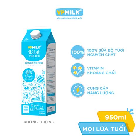 Sữa Tươi Thanh Trùng Đà Lạt True Milk Hộp 950ml Không Đường