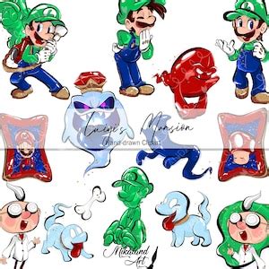 Buy Luigi Hand-drawn Clipart, Mansion, Ghosts, Green, Red, Blue , Mario ...