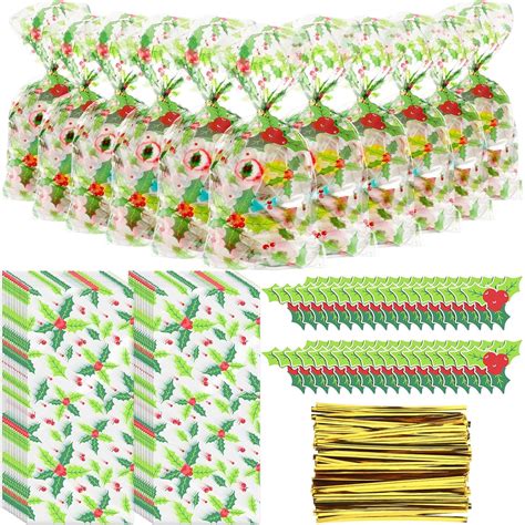Amazon.com: Gueevin 150 Set Christmas Holly Cellophane Treat Bags Bulk ...