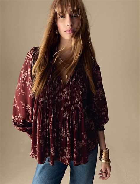 Buy Satin Printed Pleated Tie Neck Blouse at Marks & Spencer