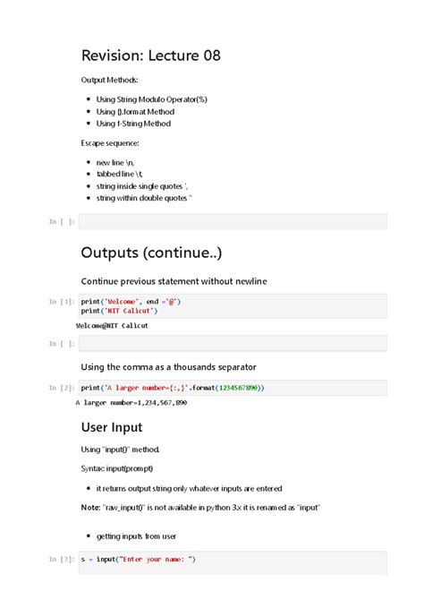 Lec09 user inputs nb - Revision: Lecture 08 Output Methods: Using ...