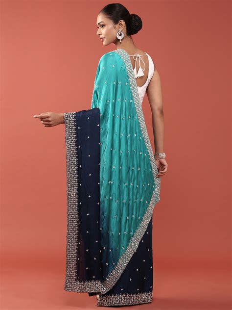 Navy Blue Satin Stone And Thread Embroidery Saree – Neerus India
