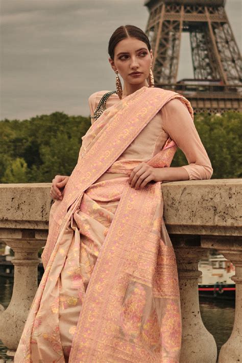 Buy Peach Kashmiri Silk Saree With Blouse Piece online-Karagiri