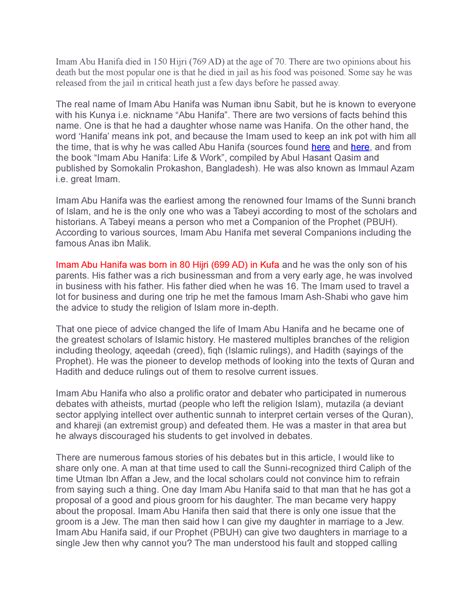 Biography of Imam Azam Abu Hanifa founder of Hanfia school of thoughts ...