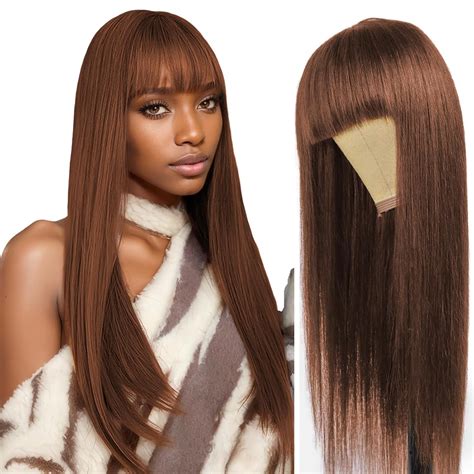 Amazon.com : Ruiyu 28 Inch Light Brown Wigs with Bangs Auburn Wigs ...