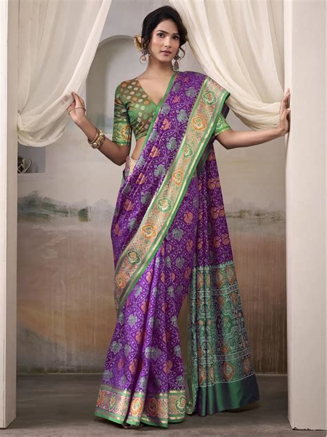 Tyrian Purple Patola Silk Saree With Weaving Border – Maharanisaree