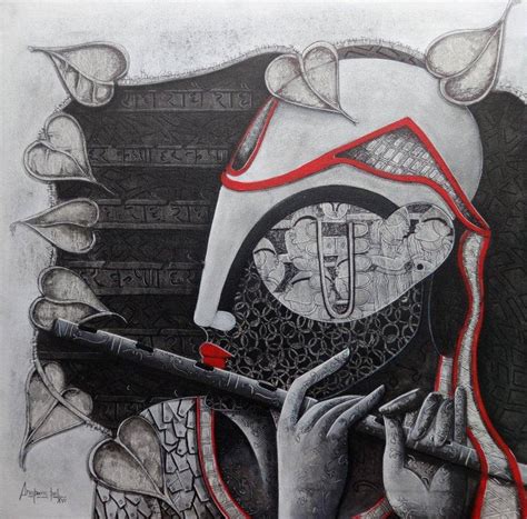 "Tunes Of Devotion": Red Mixed Media Painting by Anupam Pal – ArtZolo.com