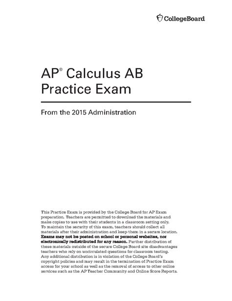 AP Calc AB 2015 Practice Exam: Official Materials and Guidelines - Studocu