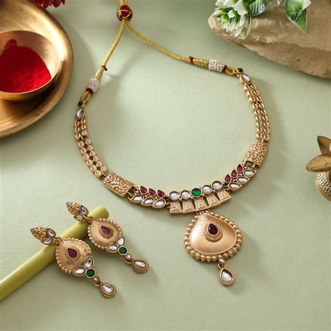Ornate Rani And Green Color Matte Gold Necklace Set With Royal Embelli ...