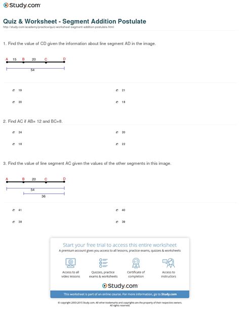 Quiz Worksheet Segment Addition Postulate Study Com Print | Free ...