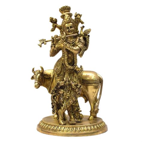 Buy Tarang Arts Brass Standing Krishna Playing Flute Idol with Cow ...