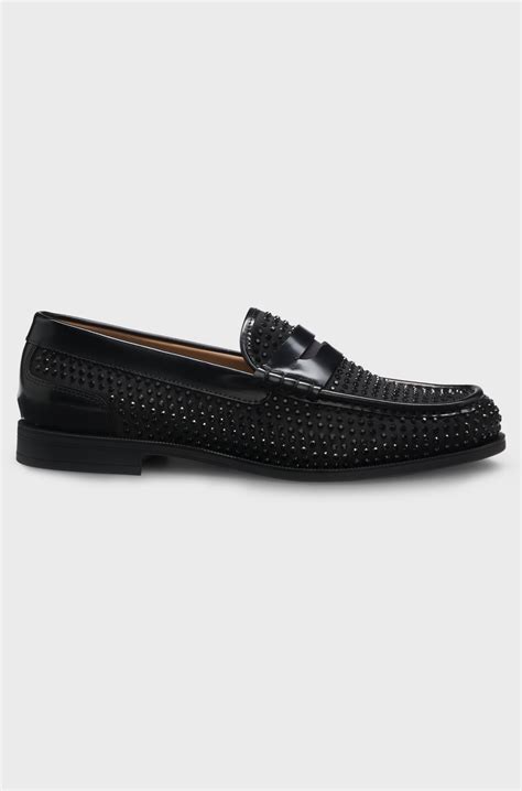 BOSS - Leather loafers with rhinestones and satin - Black