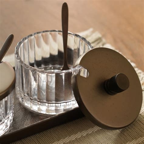 Set of 2 Clear Bronze Ribbed Condiment Jars with Spoons and Tray - Medium