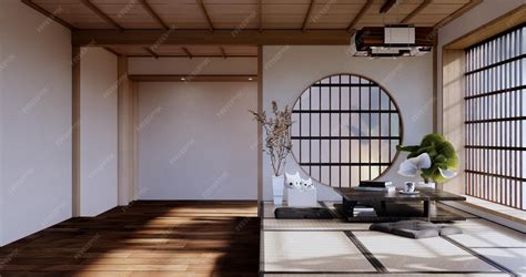Zen room interior wooden wall on tatami mat floor low table and ...
