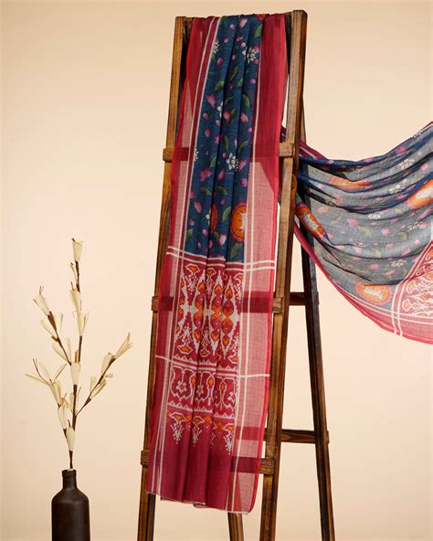 Buy Red-Blue Traditional Pichwai & Patola Pattern Digital Print Tusser ...