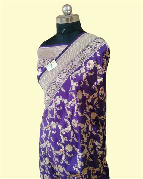 Dark Blue Pure Katan Handloom Silk - All over Jaal Work with Meenakari ...