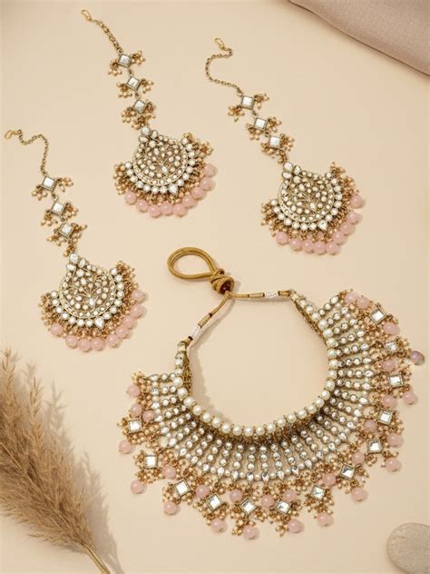 KARATCART Gold Plated Kundan Bridal Pink Jewellery Set for Women