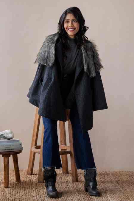 Buy Grey Poly , Wool Blend Shirt Collar Saz Cape For Women by Rhe-Ana ...
