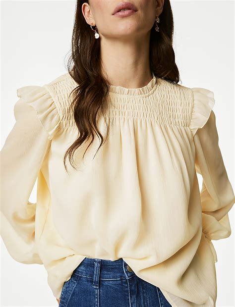 Buy Shirred High Neck Frill Detail Blouse at Marks & Spencer