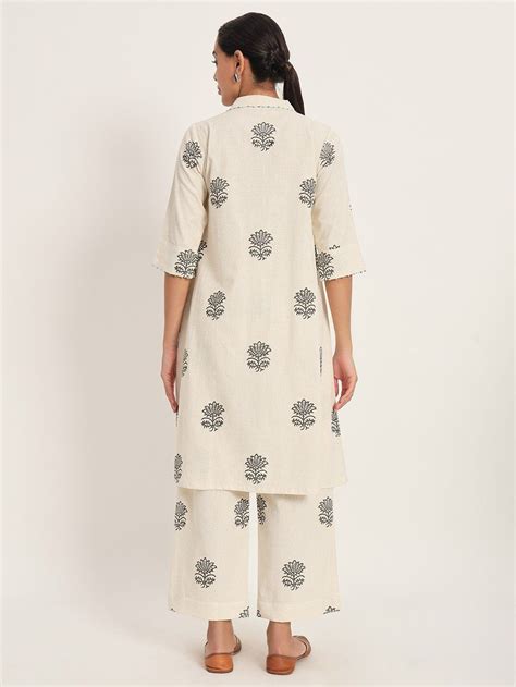 Buy Ivory Hand Block Printed Cotton Flex Kurta with Pants- Set of 2 ...