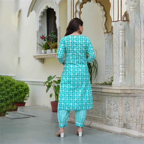 Geometric Printed Pure Cotton Straight Kurta With Salwar And Dupatta