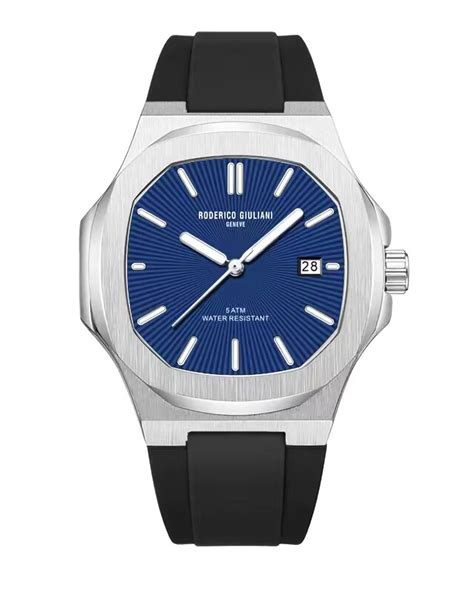 RODERICO GIULIANI ANALOG BLUE DIAL SILVER CASE BLACK SILICONE STRAP ME