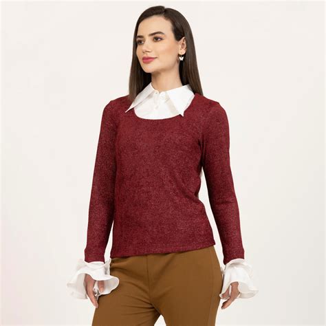 Buy Maroon Shimmer Velvet Top with Detachable Collar & Cuff