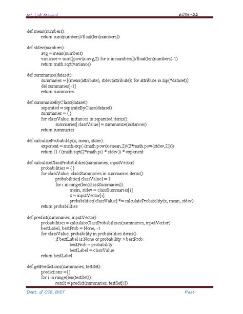 Machine Learning LAB-27 - ML Lab Manual 6CS4- Dept. of CSE, BIET Page ...