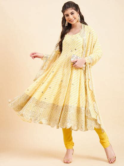 Leheriya Embroidered Empire Beads and Stones Silk Crepe Kurta Churidar ...