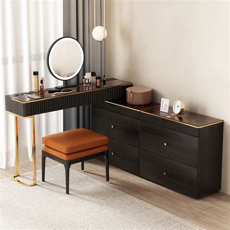 Luxury Corner Makeup Vanity Desk with Glass Top, Stool and Built-In ...