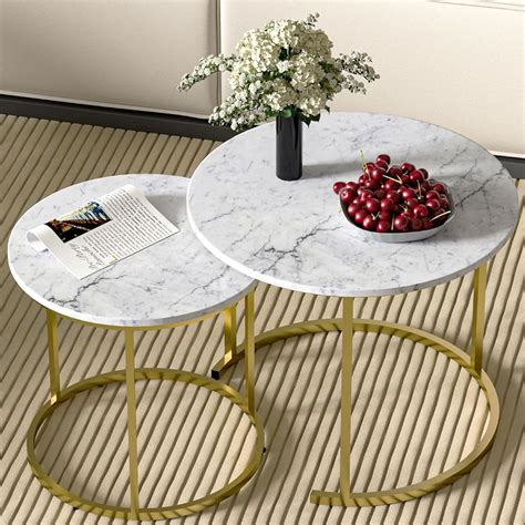 Cavoba Nesting Round Coffee Table Set of 2, Stacking Side Tables Marble ...