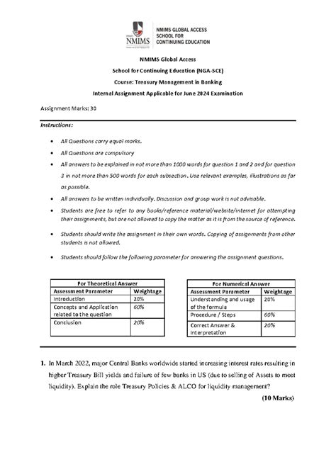 Treasury Management in Banking - June 2024 - PG a Dml Lyk Vu T - NMIMS ...