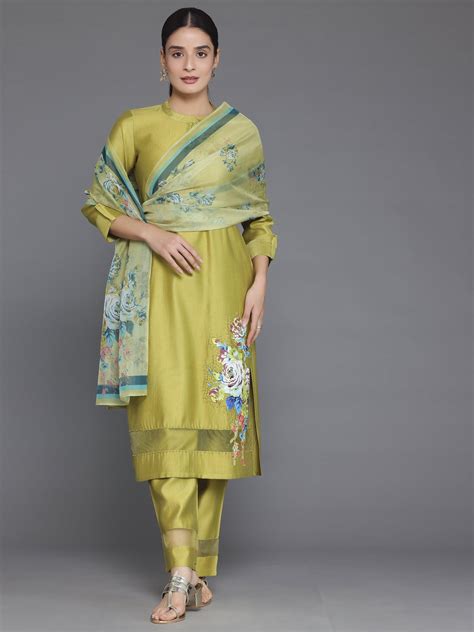 Buy Green Self Design Silk Blend Straight Suit With Dupatta Online at ...