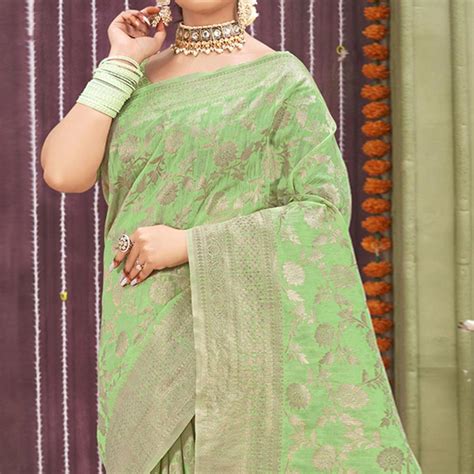 Pista Green Woven Linen Saree