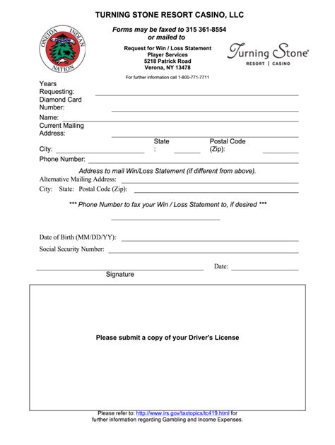 Turning Stone Resort Casino Request for WinLoss Form - Fill Online ...