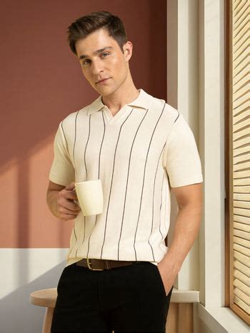 Men's Off-white Striped Polo Collar Half Sleeves Flat Knit T-shirt ...