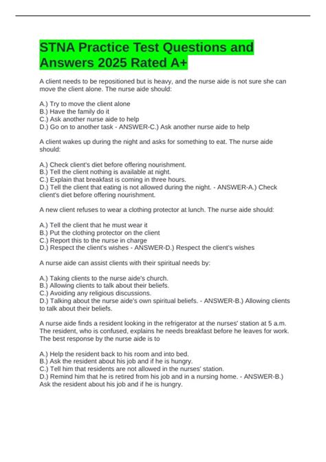 STNA Practice Test Questions and Answers 2025 Rated A+ - STNA - Ohio ...