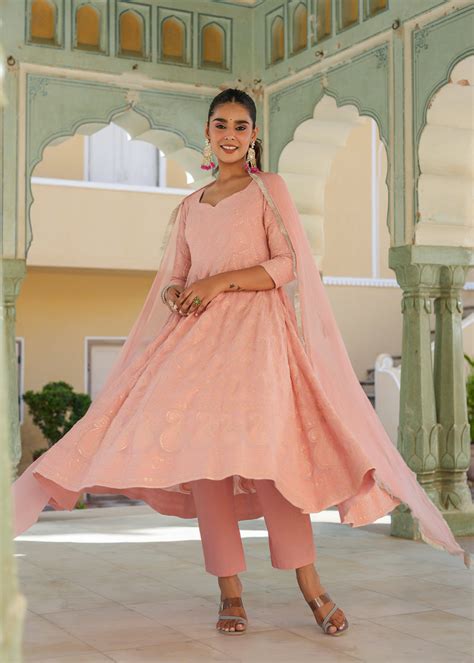 Mariyam Peach Chikankari Anarkali Suit set with Dupatta – EverBloom